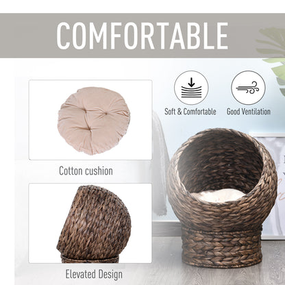PawHut Handmade Wicker Elevated Cat Bed with Cushion Dark Brown for Kittens | Aosom.com