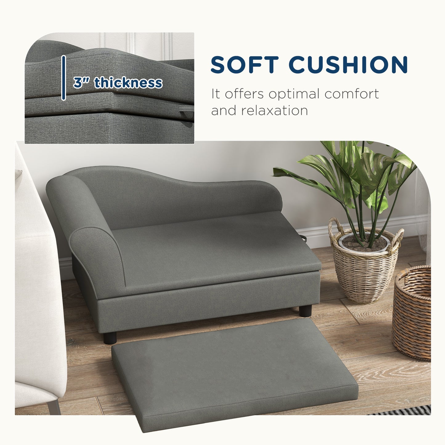 PawHut Elevated Dog Sofa Pet Bed with Storage Soft Cushion for Small Medium Dogs Gray | Aosom.com