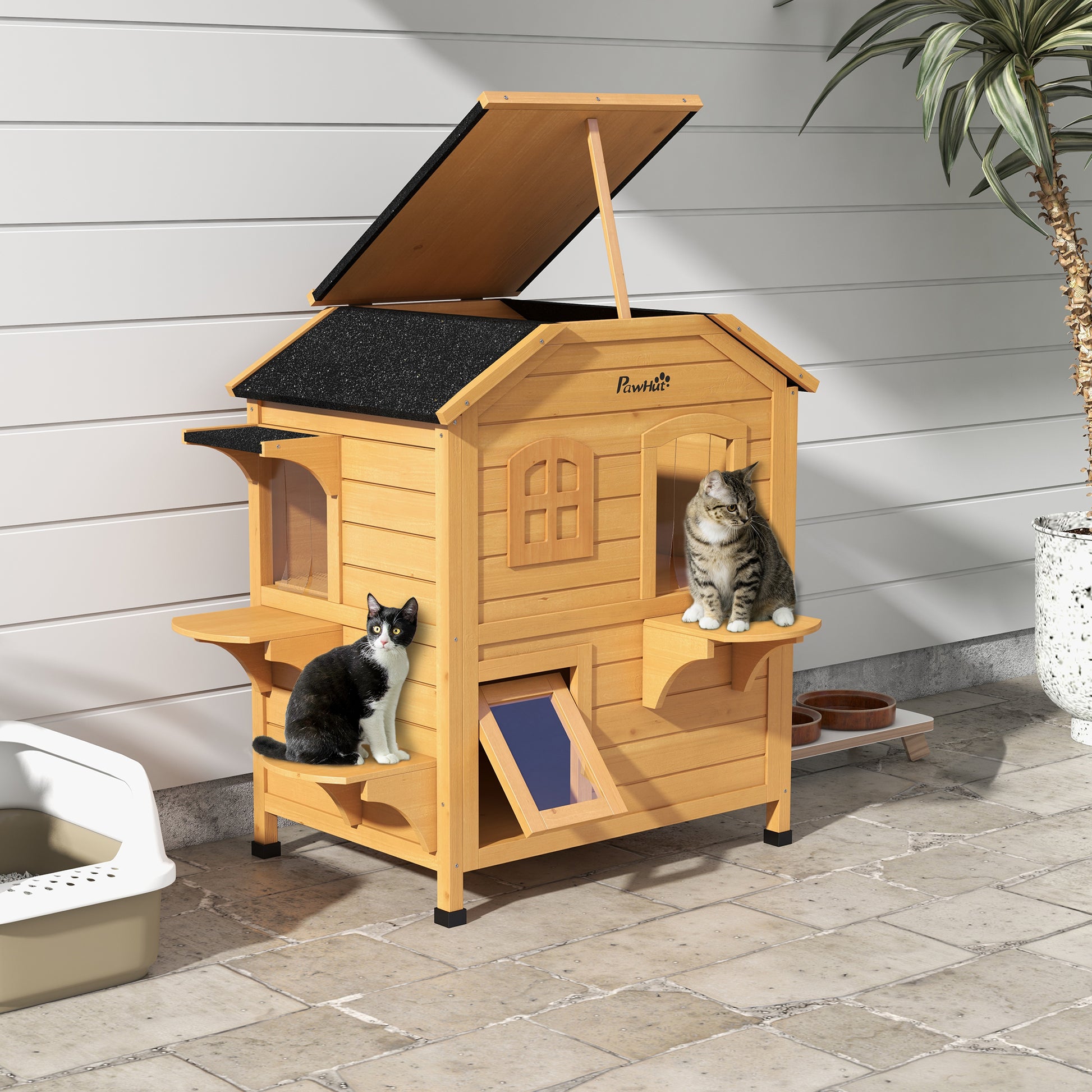 PawHut 2-Story Wooden Outdoor Cat House Feral Shelter with Escape Door Asphalt Roof 4 Platforms Natural | Aosom.com