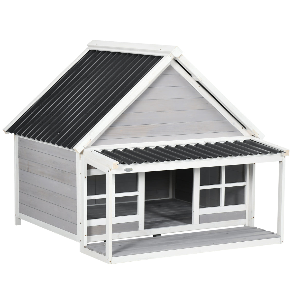PawHut Wooden Dog House Outdoor Porch Cabin Style Raised Dog Shelter PVC Roof Front Door Windows Large Medium Dog | Aosom.com