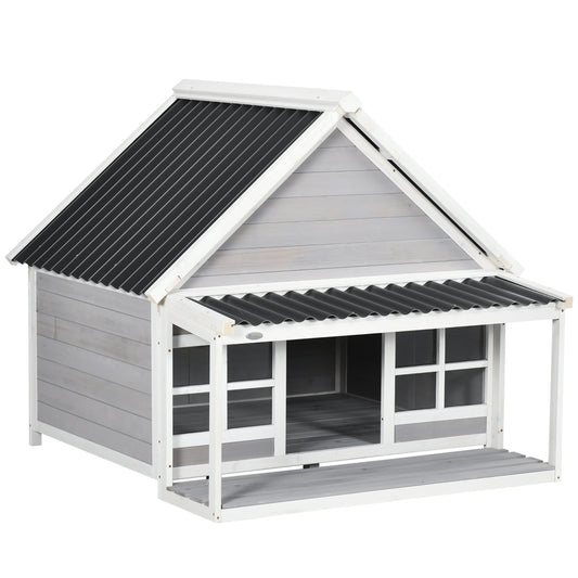 PawHut Wooden Dog House Outdoor Porch Cabin Style Raised Dog Shelter PVC Roof Front Door Windows Large Medium Dog | Aosom.com