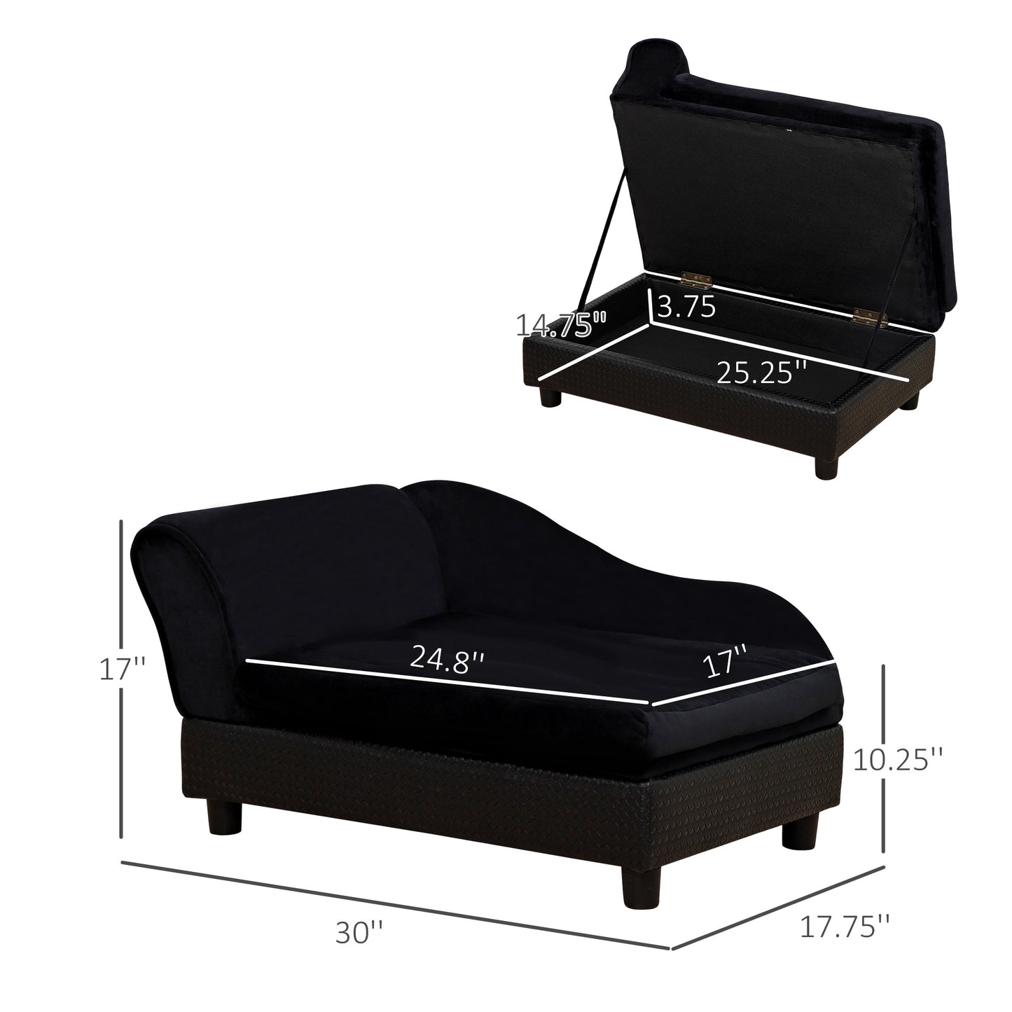 PawHut Luxury Dog Bed for Small Dogs, Hidden Storage, 3" Foam Cushion, Modern Pet Sofa, Black | Aosom.com