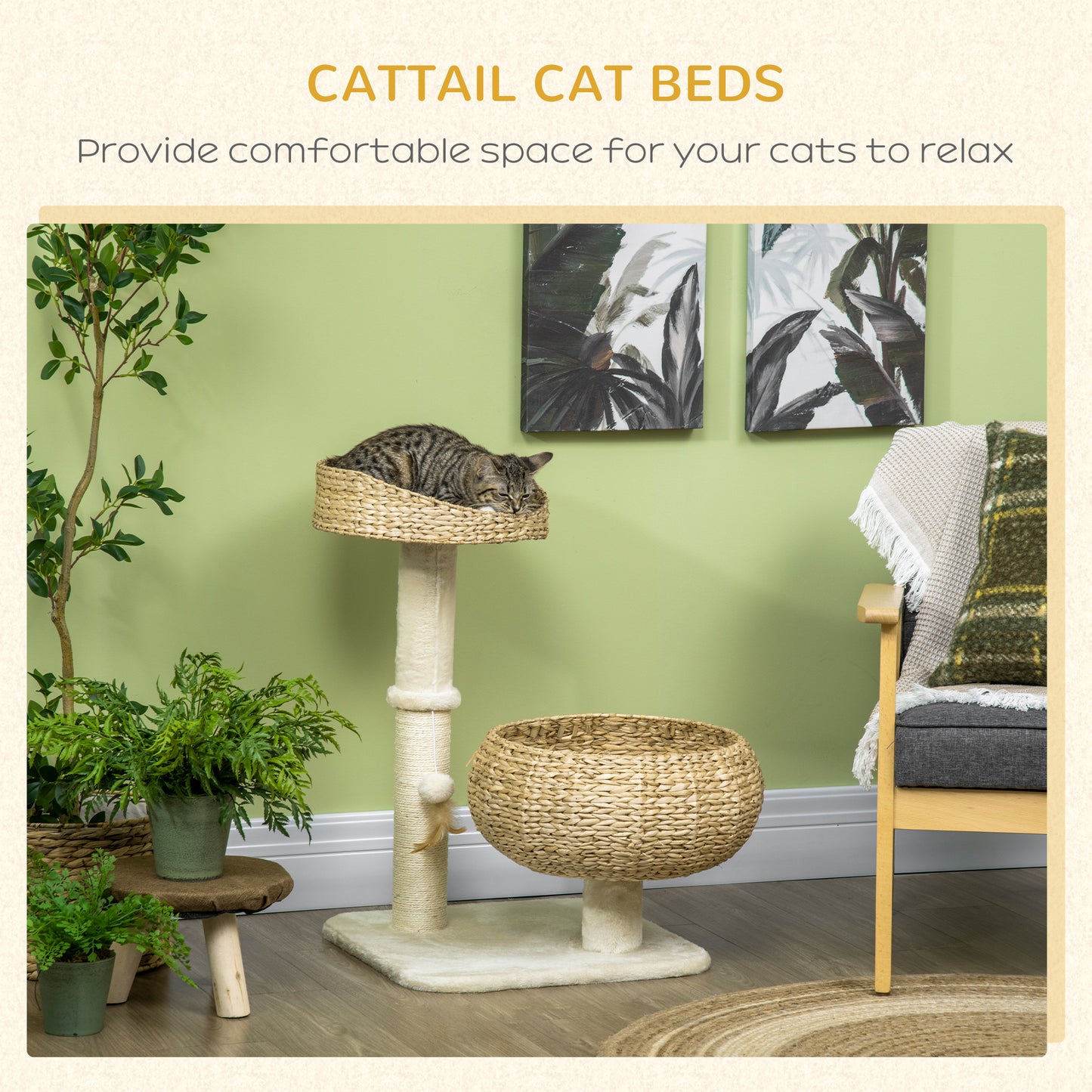 PawHut 28" Elevated Cat Bed with Sisal Scratching Post, Modern Cat Tree with Cute Basket Design, Small Cat Tree with Fun Ball Toy