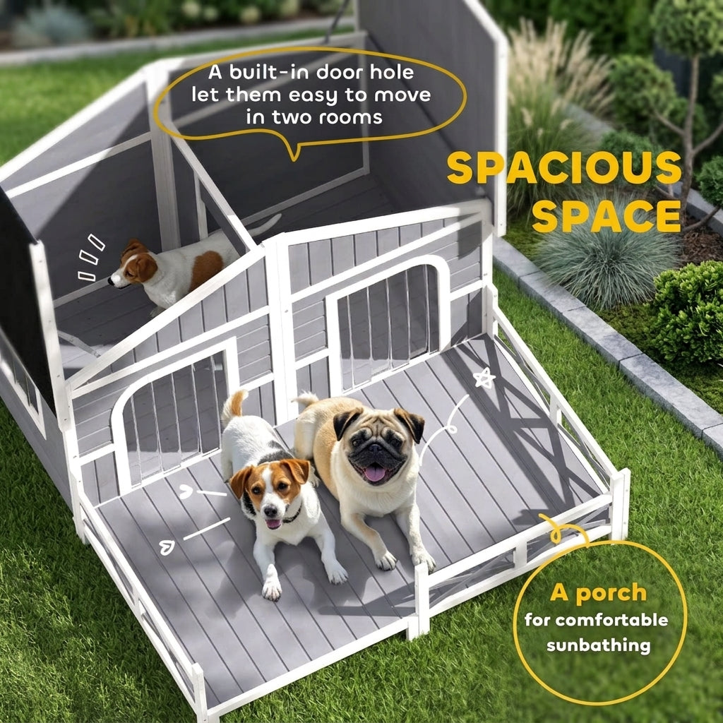PawHut Wooden Large Dog House Outdoor Cabin Style, Elevated Pet Shelter with Porch, for Small and Medium Breed Dogs, Gray| Aosom.com