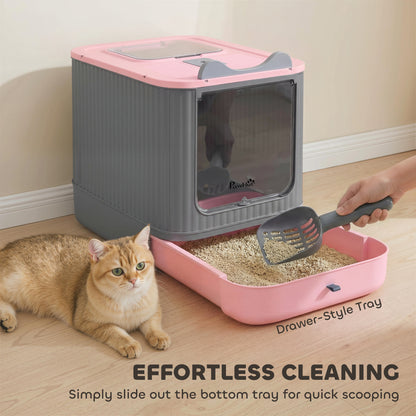 PawHut Cat Litter Box with Lid, Enclosed Litter Box for Medium Cats, Front-Entry and Top-Exit, Scoop, Deodorizer Bag, Pink
