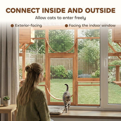 PawHut Catio Playground Cat Window Box Outside Enclosure for Multiple Cats w/ Shelves & Bridges, Orange