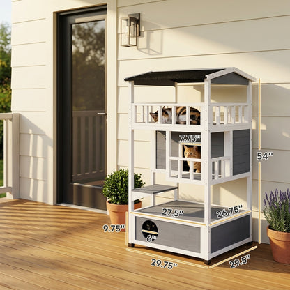 PawHut Solid Wood 4-Floor Cat Condo with Litter Box Space Multi-Level Cat Villa | Aosom.com