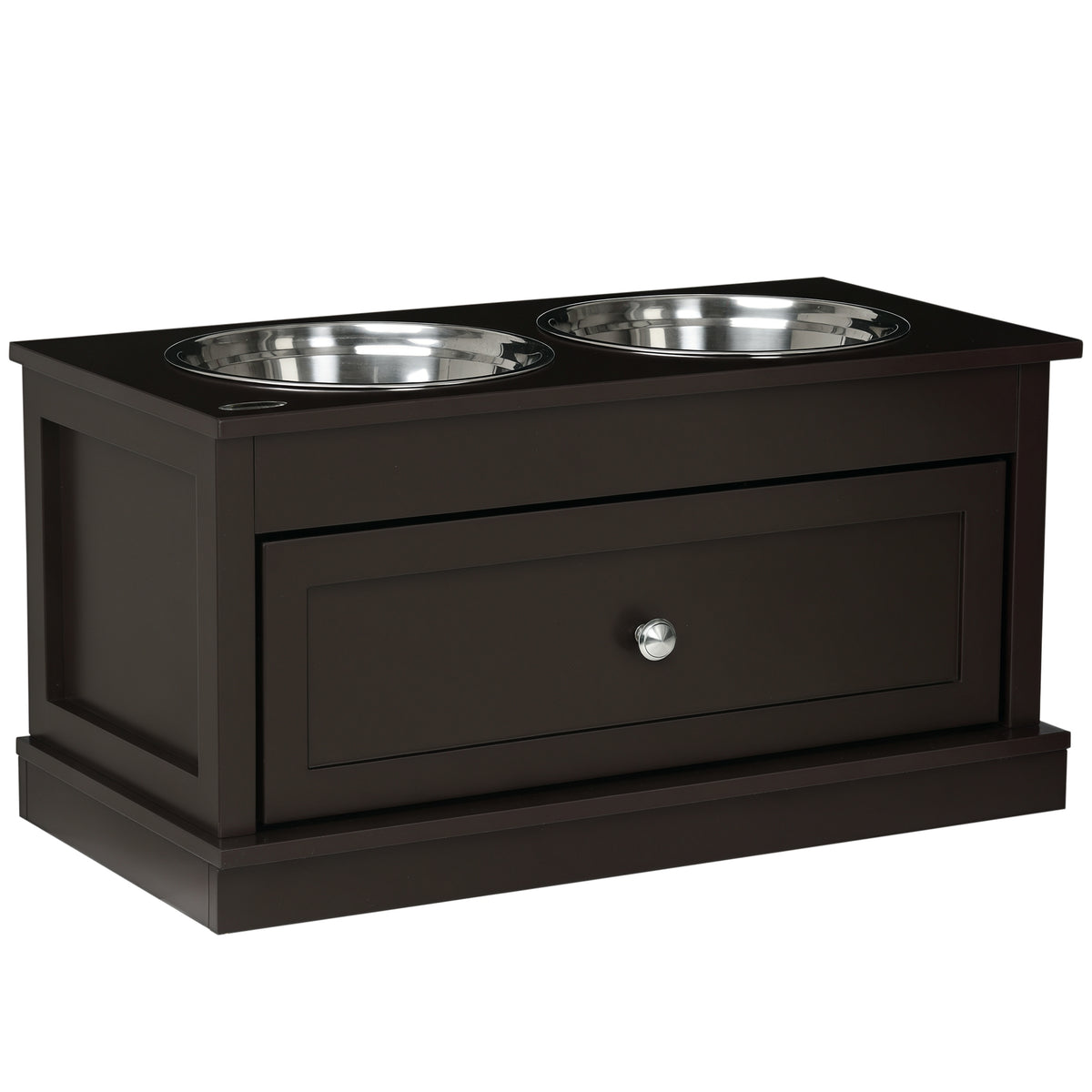 PawHut Double Elevated Dog Bowls for Large Dogs, Raised Dog Feeding Station with 2 Stainless Steel Bowls, Storage Drawer & Wood Stand for Cats, Brown