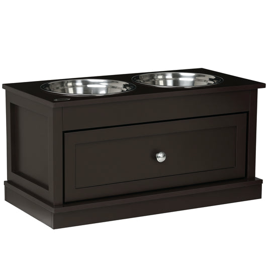 PawHut Double Elevated Dog Bowls for Large Dogs, Raised Dog Feeding Station with 2 Stainless Steel Bowls, Storage Drawer & Wood Stand for Cats, Brown