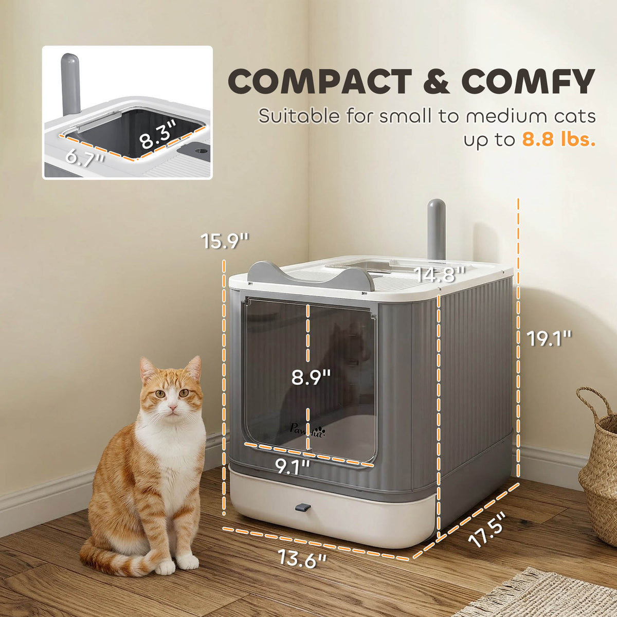 PawHut Cat Litter Box with Lid, Enclosed Litter Box for Medium Cats, Front-Entry and Top-Exit, Scoop, Deodorizer Bag, White