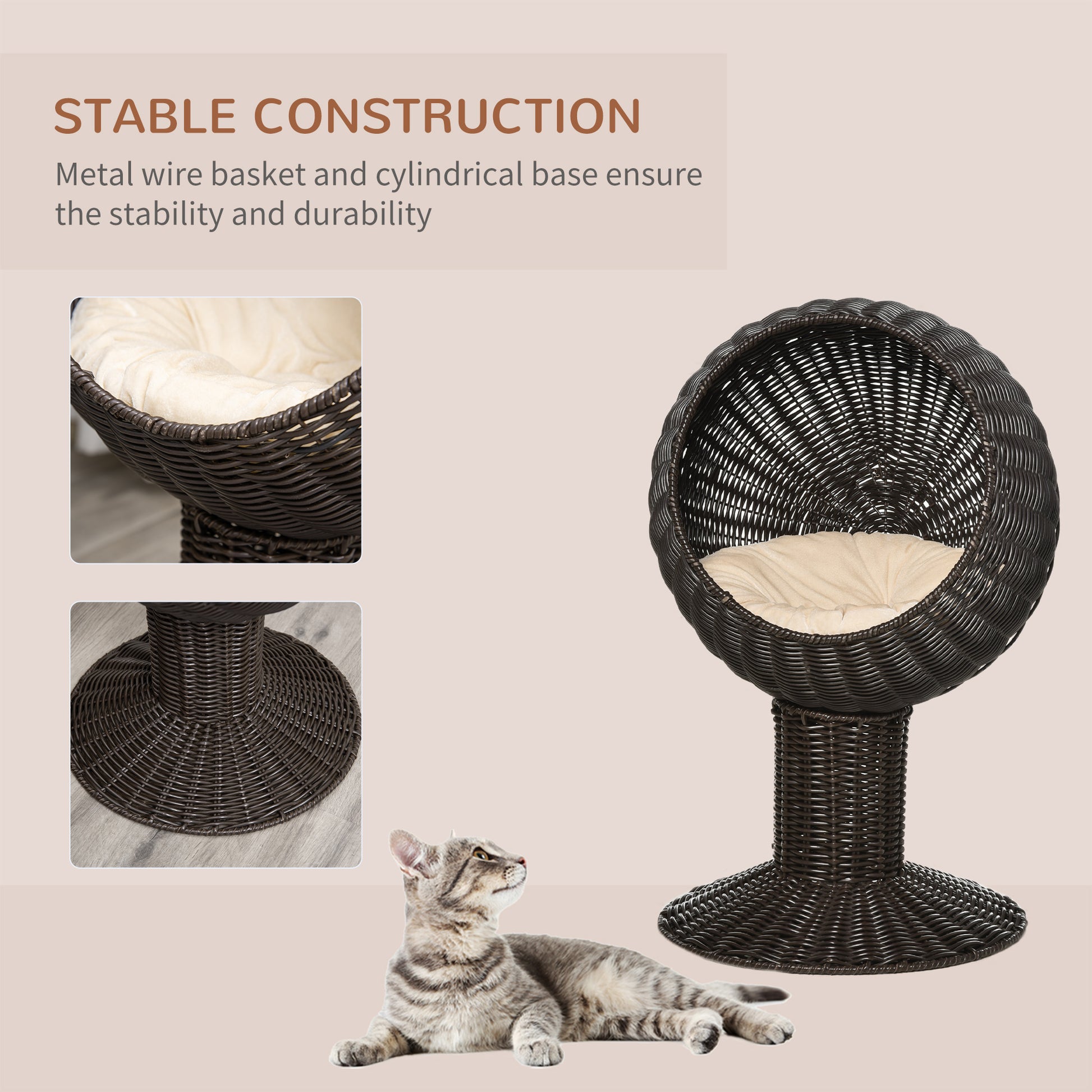 PawHut 27 Elevated Cat Bed Rotatable Egg Chair Pod Thick Cushion Natural Mat Grass Woven Coffee | Aosom.com