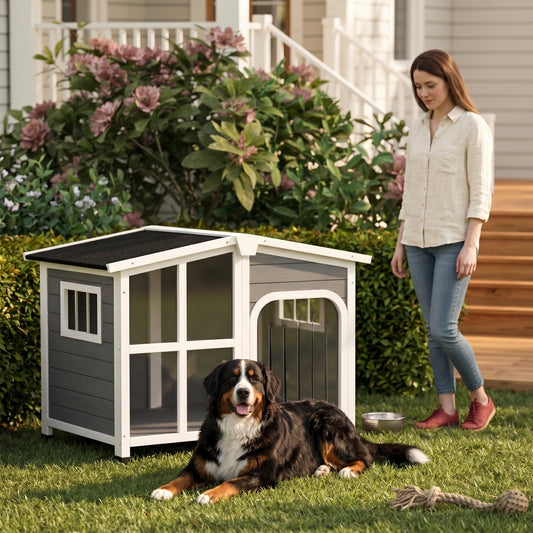 PawHut Cabin-Style Wooden Dog House for Large Dogs with Openable Roof & Giant Window,Gray