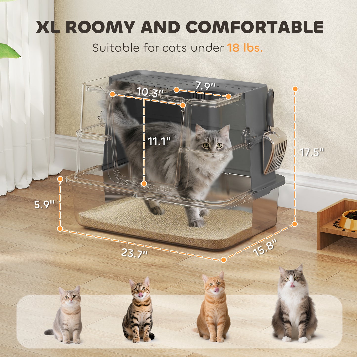 PawHut XL Stainless Steel Litter Box w/ 100° Flip Top, Scoop, Top & Side Entry Enclosed Litter Box for Big Cats