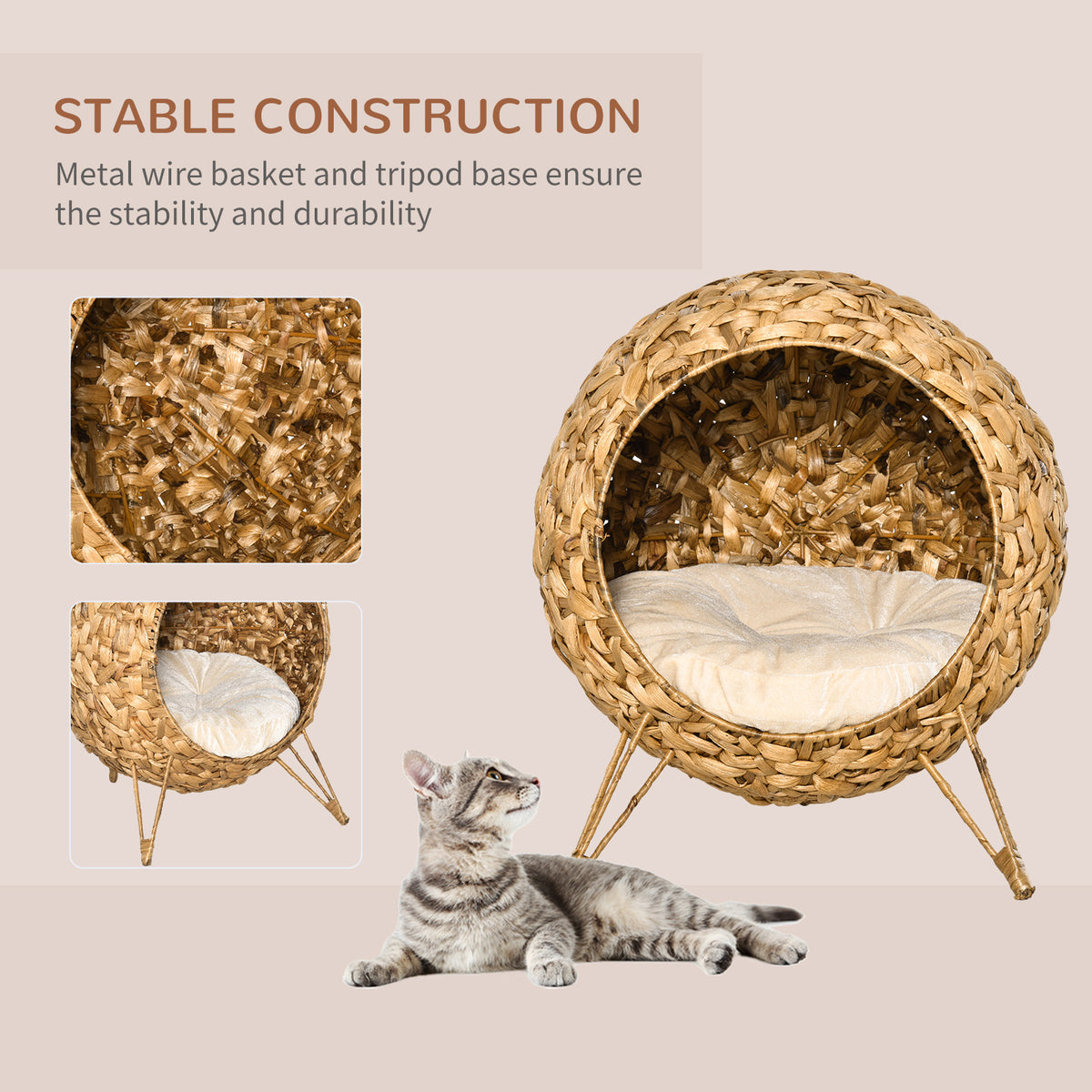 PawHut 20.5 Weaved Cat Bed Elevated Hand Made Cat House Condo with Cushion Brown | Aosom.com