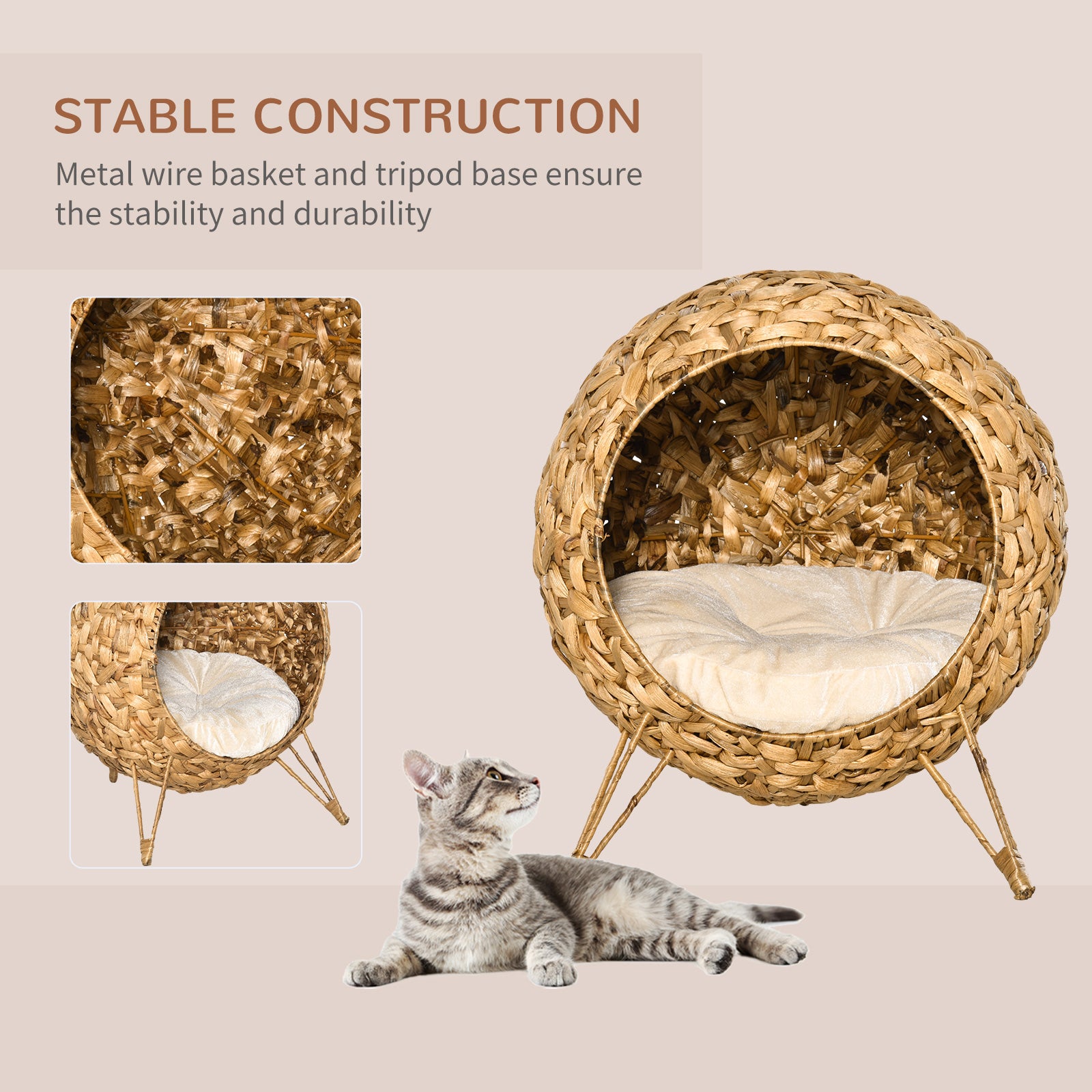 PawHut 20.5 Weaved Cat Bed Elevated Hand Made Cat House Condo with Cushion Brown | Aosom.com