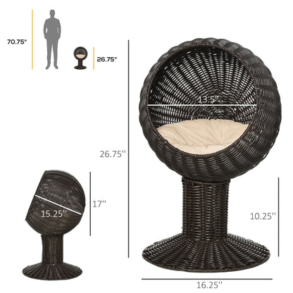 PawHut 27 Elevated Cat Bed Rotatable Egg Chair Pod Thick Cushion Natural Mat Grass Woven Coffee | Aosom.com